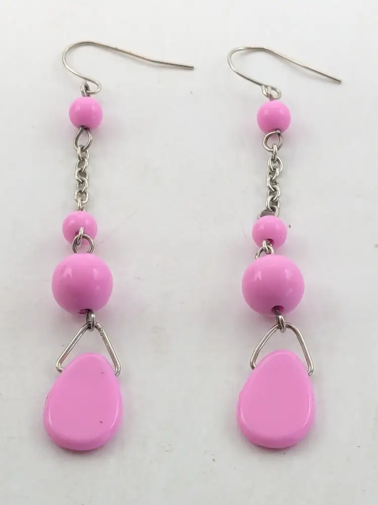 Pink Dangle Silver Tone Pierced Earrings with Bead Accents