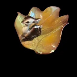 Vintage Ceramic Fawn On Leaf Figurine * Repaired Neck