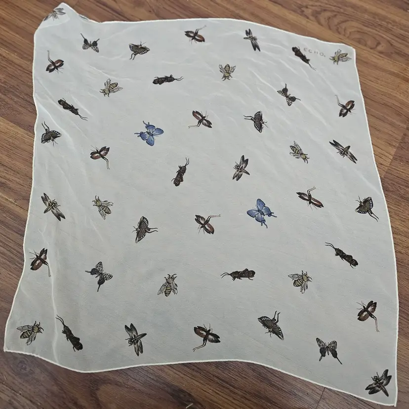 Echo scarf handkerchief bugs bees butterflies vintage 20x20 sheer