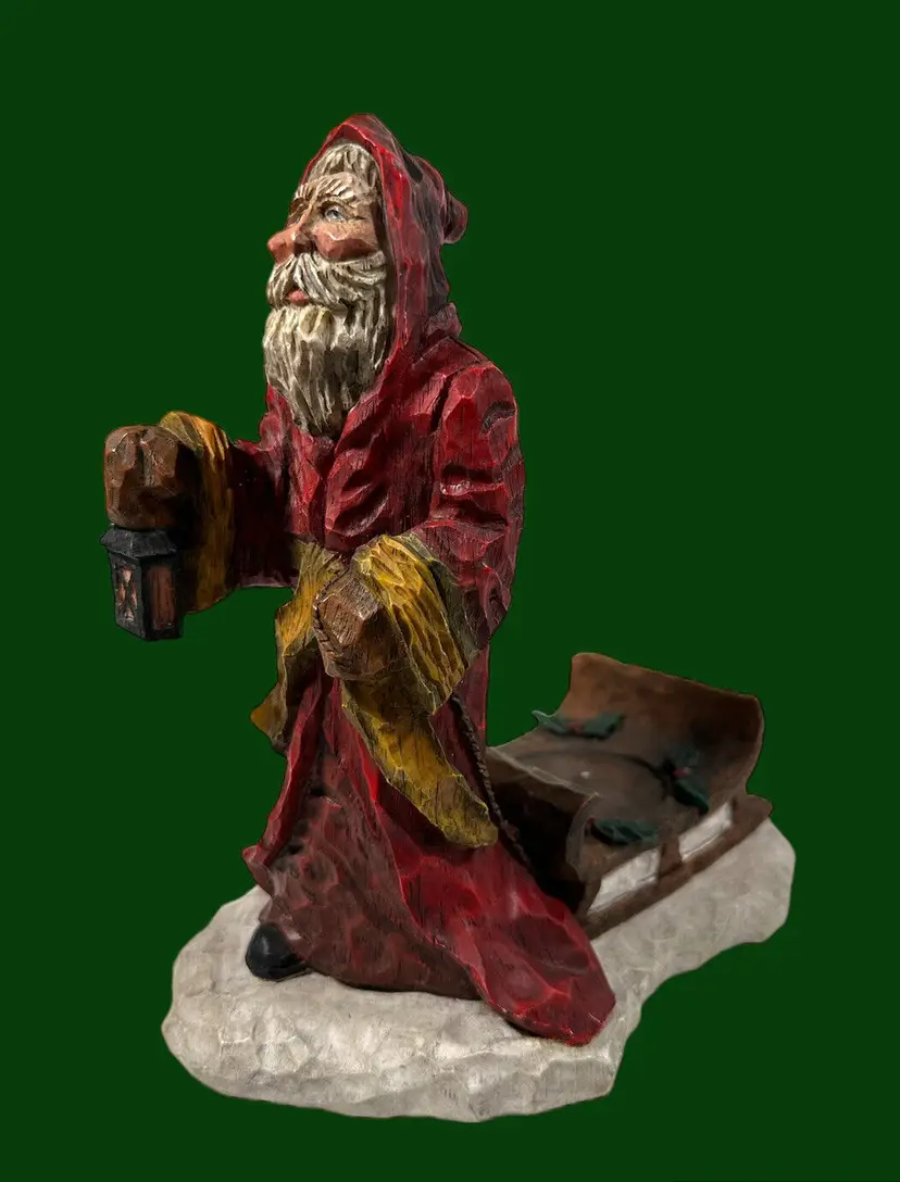 Old World Santa Claus Candle Holder Pulling Sleigh Signed Craig Kirkwood Vintage