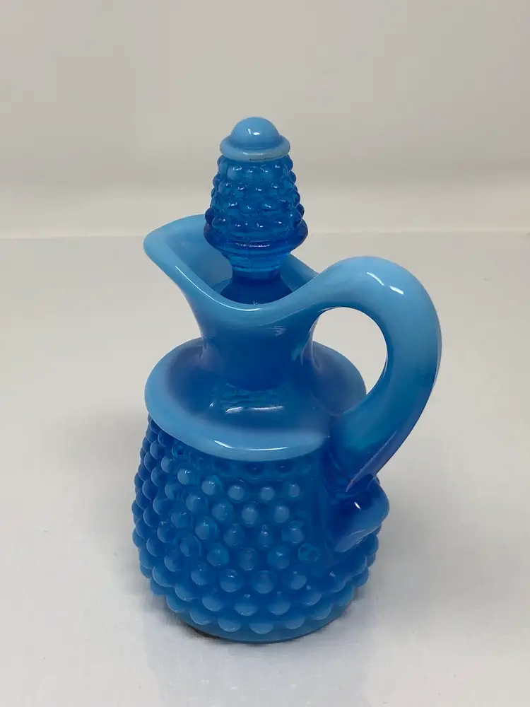 Blue Opalescent Glass Hobnail Cruet with Stopper