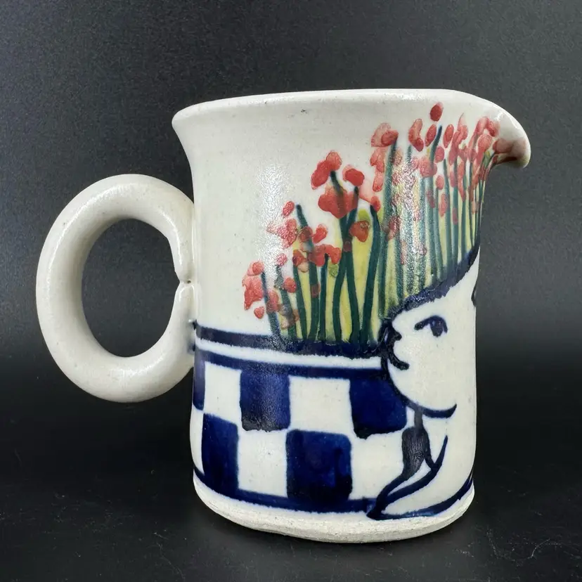 Vintage Debbie Dean Folk Art Pottery Pitcher F Featuring A Rabbit Motif