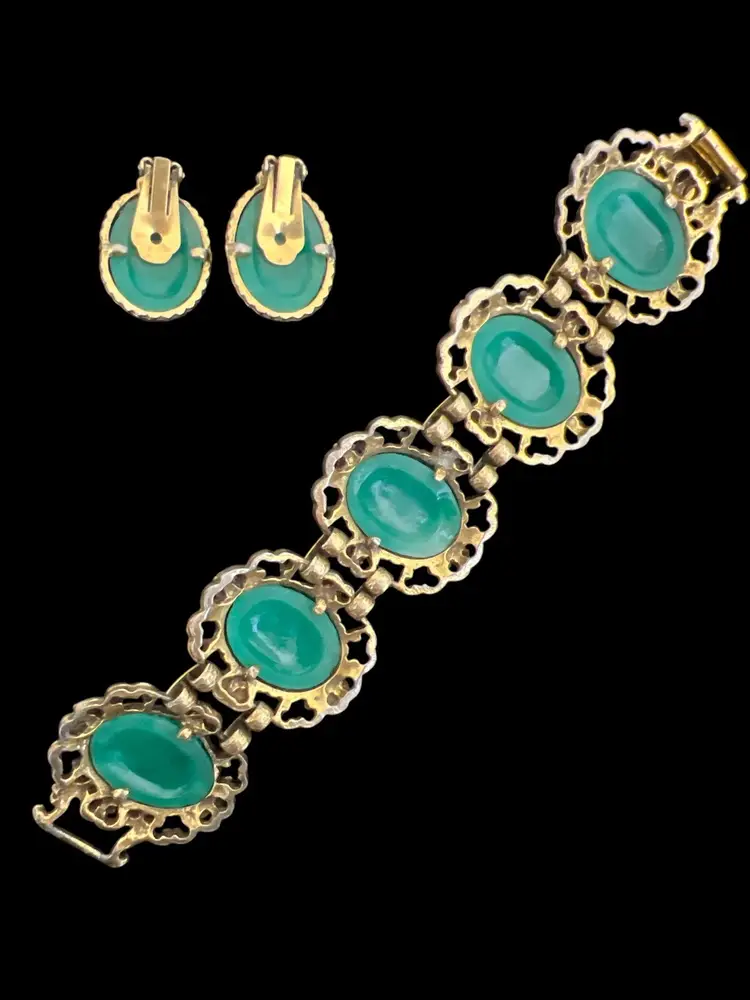 Vintage 60's Judy Lee Spanish Moss Bracelet & Earrings Gold Tone Green Chunky #G-7