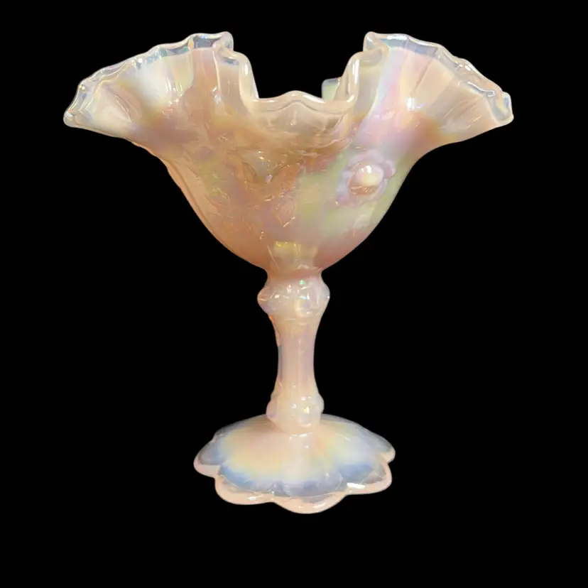 BANGER!! Fenton Iridescent Pink Cabbage Rose Ruffled Pedestal Compote