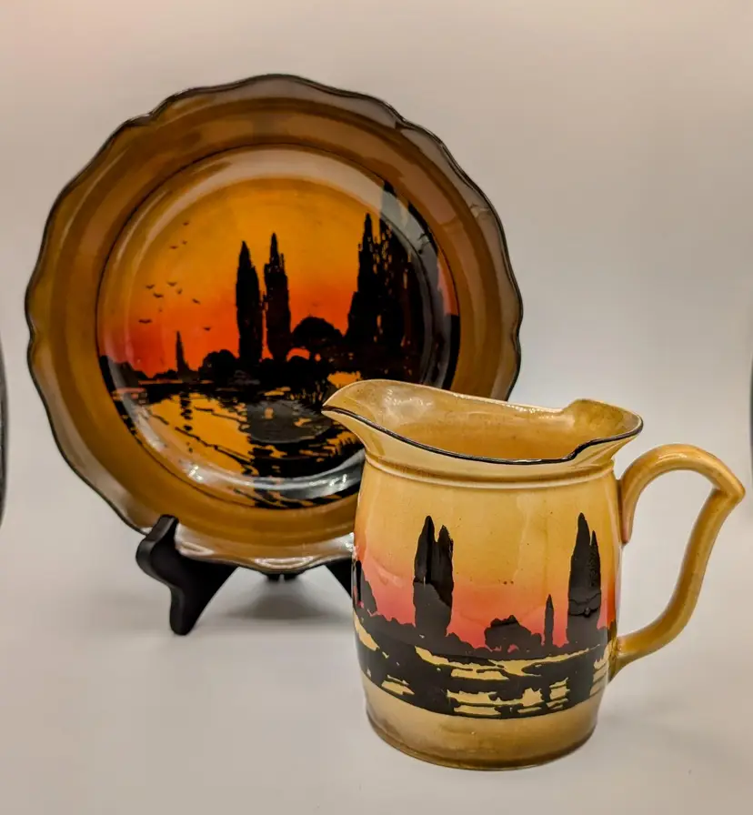 Antique 1900's Royal Doulton Porcelain Large Water Jug & Bowl in the Poplars At Sunset Pattern