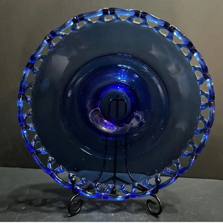 Cobalt Blue Lattice Edge Pedestal Dish *Glows*  ~2.25” x 8.5” diameter