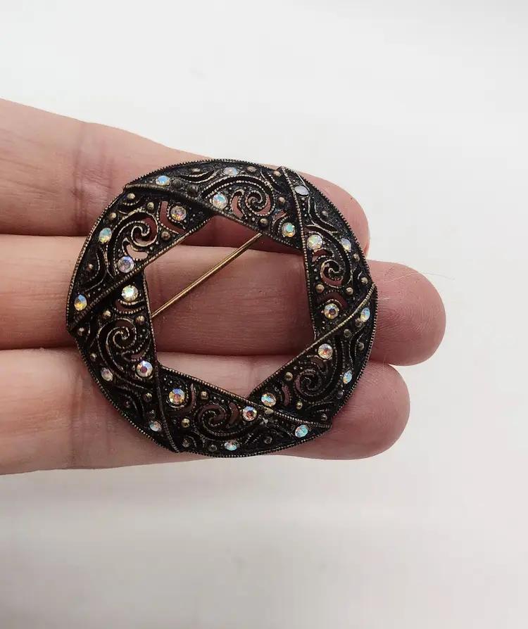 Vintage Bronze Tone Metal Aurora Borealis Filigree Hexagon Brooch Pin