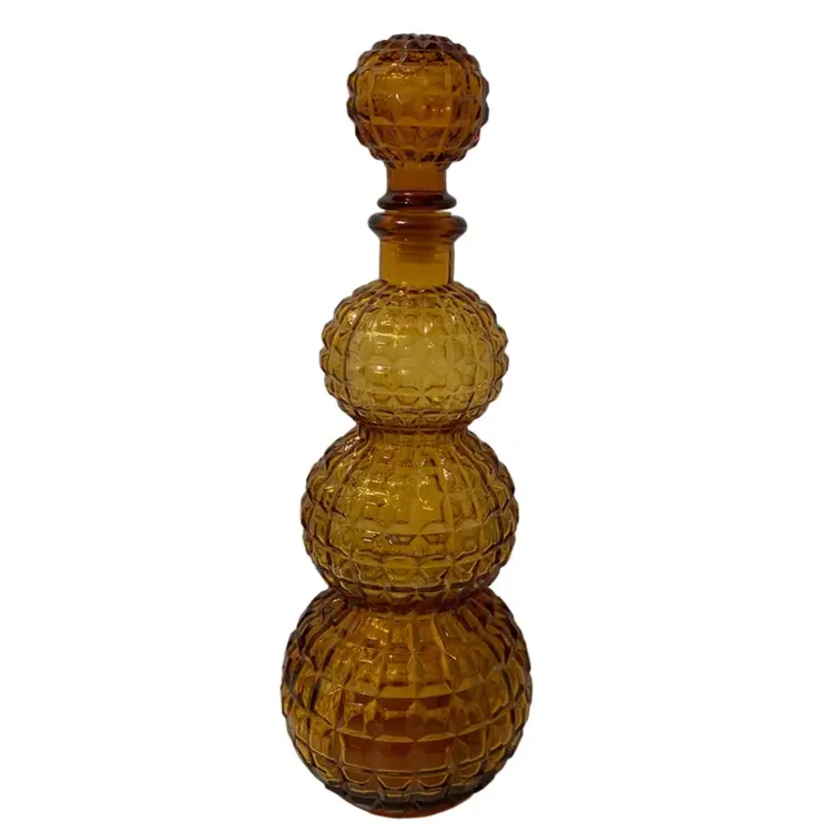 Empoli Glass Golden Amber Gourd Triple Bubble Genie Bottle w Stopper - 12.5”