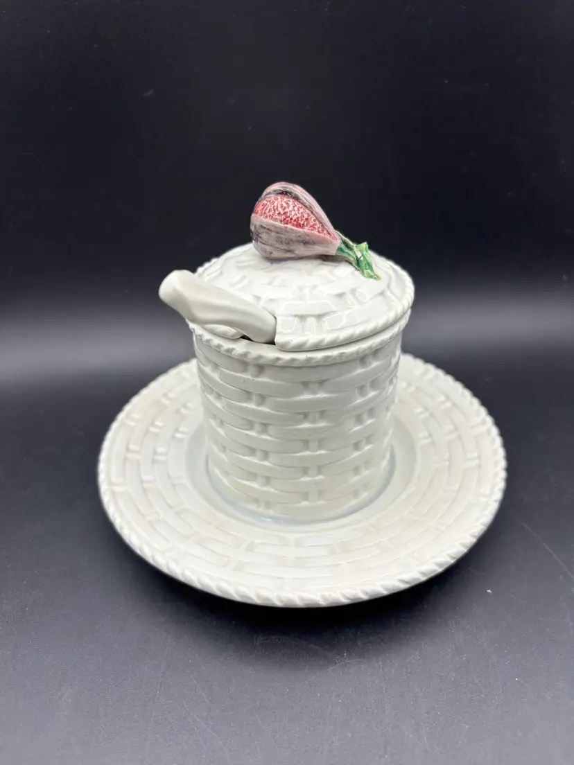 Jam or Sugar Bowl/Honey Dish with Lid and Spoon, Basket weave pattern with Fig, Italian Pottery, Vintage 70s