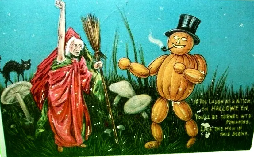 Halloween Postcard Witch Mushrooms Black Cat Goblin Fantasy Anglo-American 1903