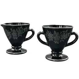 Hazel Atlas Ovide Black Glass Sterling Silver Overlay Cream Sugar Set VTG Set