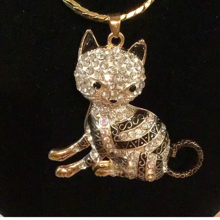 Sparkly Rhinestone Cat Pendant on Chain marked Korea