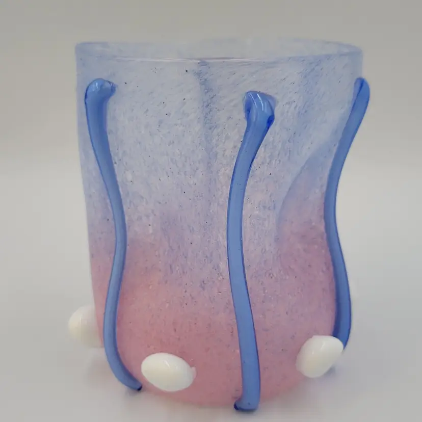 Studio Art Glass HandBlown Vase/Vessel With Applied Blue Lines And White Balls Signed