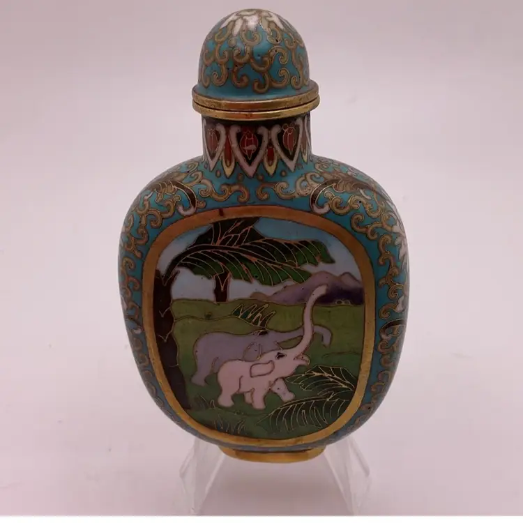 FFF VTG Cloisonne Snuff Bottle with Flowers and Elephants 3” x 1.75”