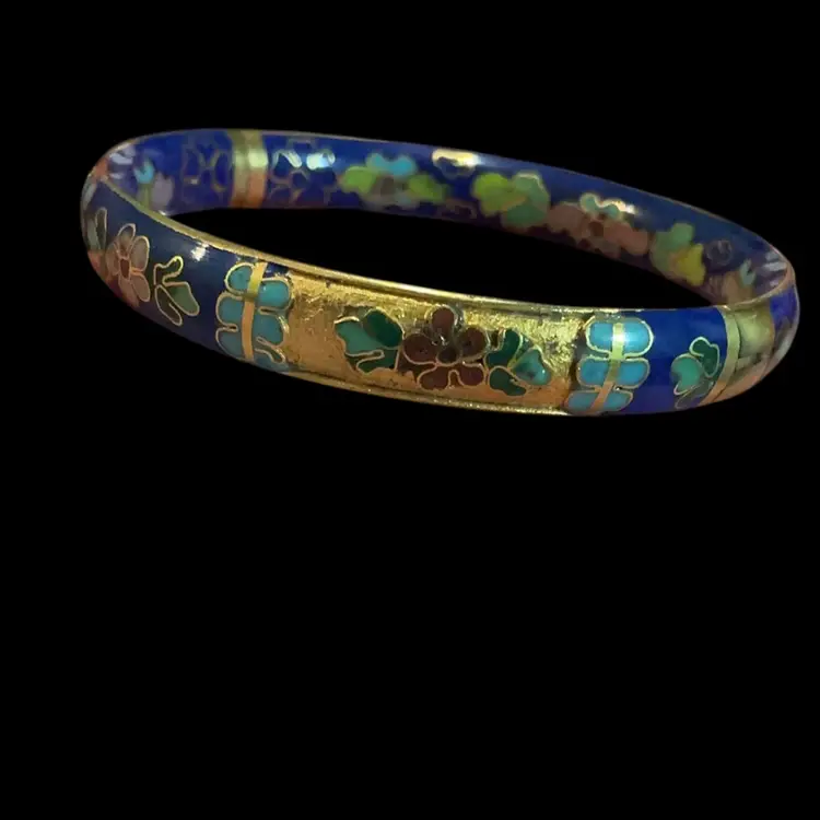 Vintage Enamel Royal blue Cloisonné Bangle. With Gold Leaf & Flowers.