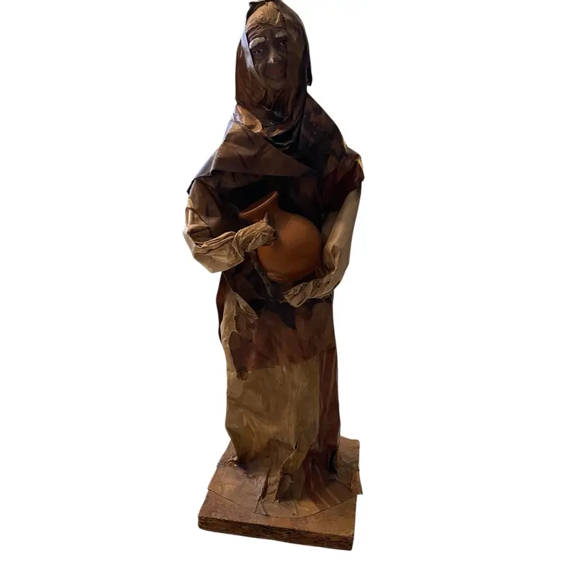 Folk Art Mexican Paper Mache Figurine Vintage Handcrafted Woman Holding Jug