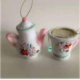 Adorable Felted Teapot With Matching Tea Cup Christmas Ornaments
