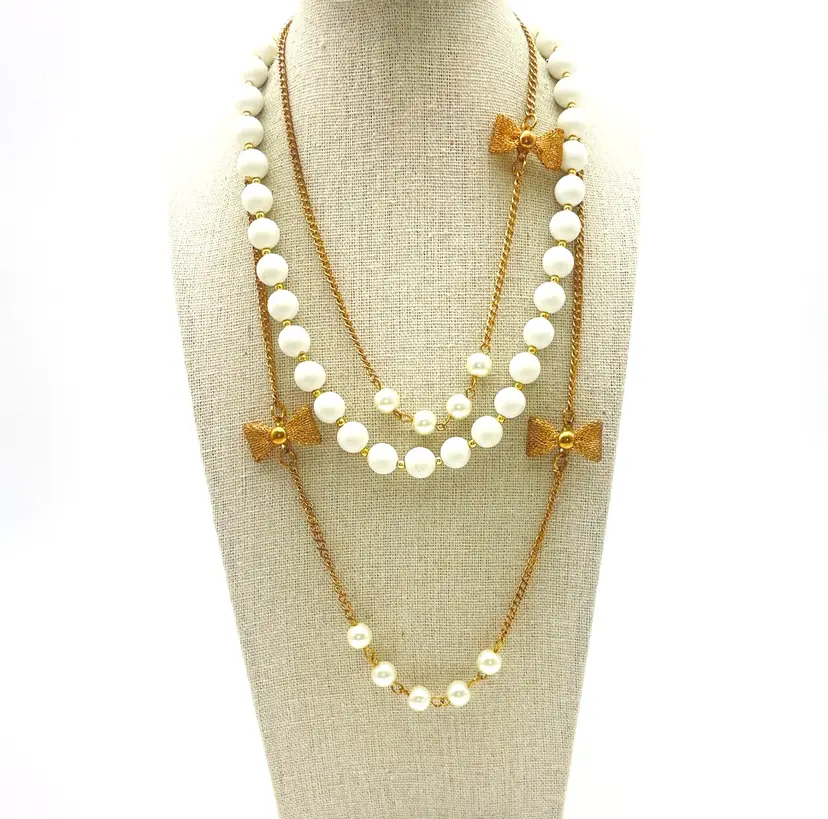 White Beaded Necklace Lot of 2 Short Gold Tone Spacers and Long Bow Faux Pearls 18078