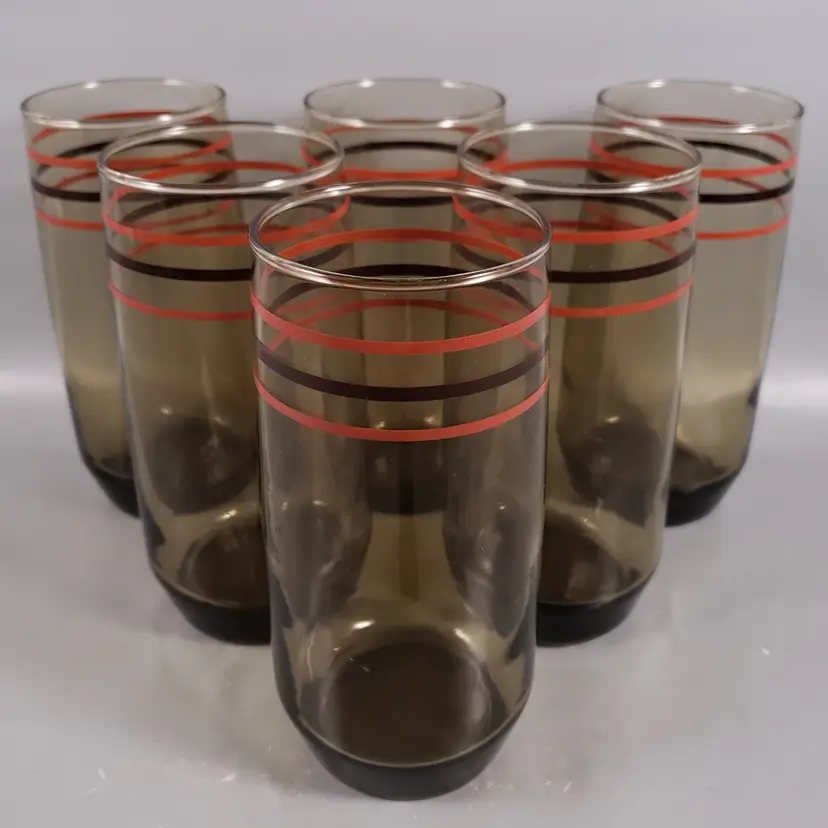 Vintage RETRO MCM 1970's Smokey Glass Orange Brown Stripe Ring TUMBLER SET
