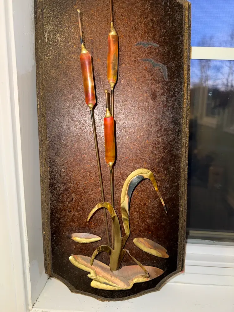 MCM Vintage Wood Copper & Brass Cattails Wall Art Plaque metal 3d