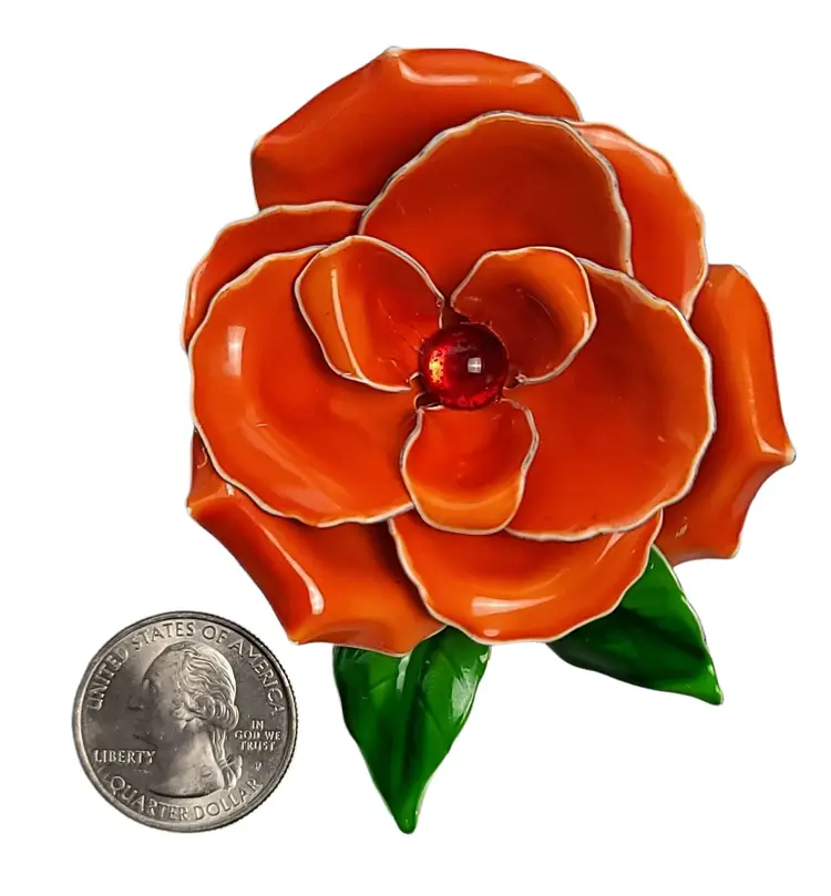 Orange Metal Enamel Czech Orange Red Rhinestone Center Rose Flower Brooch