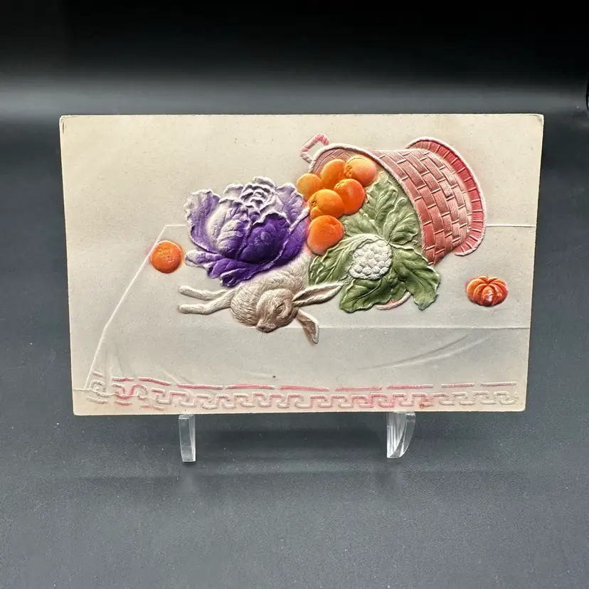 “Spoils of the Hunt” Airbrushed Embossed Rabbit Fruit Cornucopia Antique Postcard