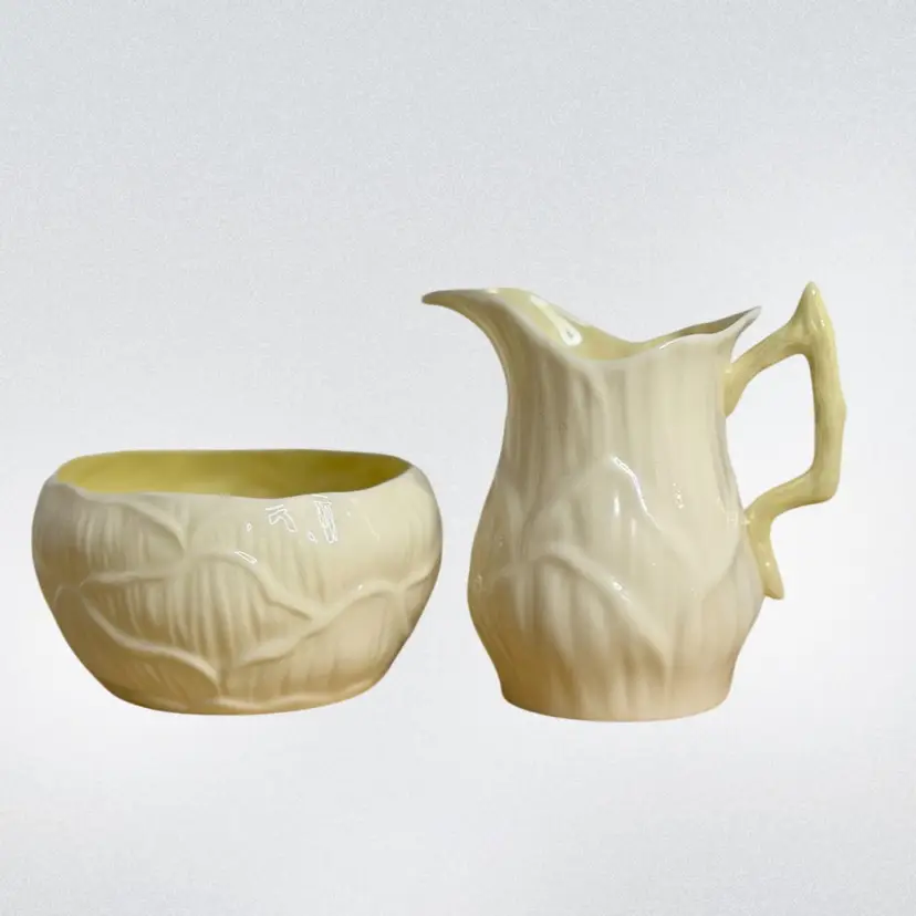 Beleek Creamer & Open Sugar Bowl. Lily Pattern Green Mark Yellow Lusterware