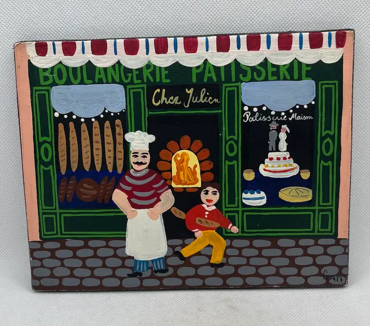 Vintage signed naif painting on board depicting a French bakery scene 7” X 5.5” , original art