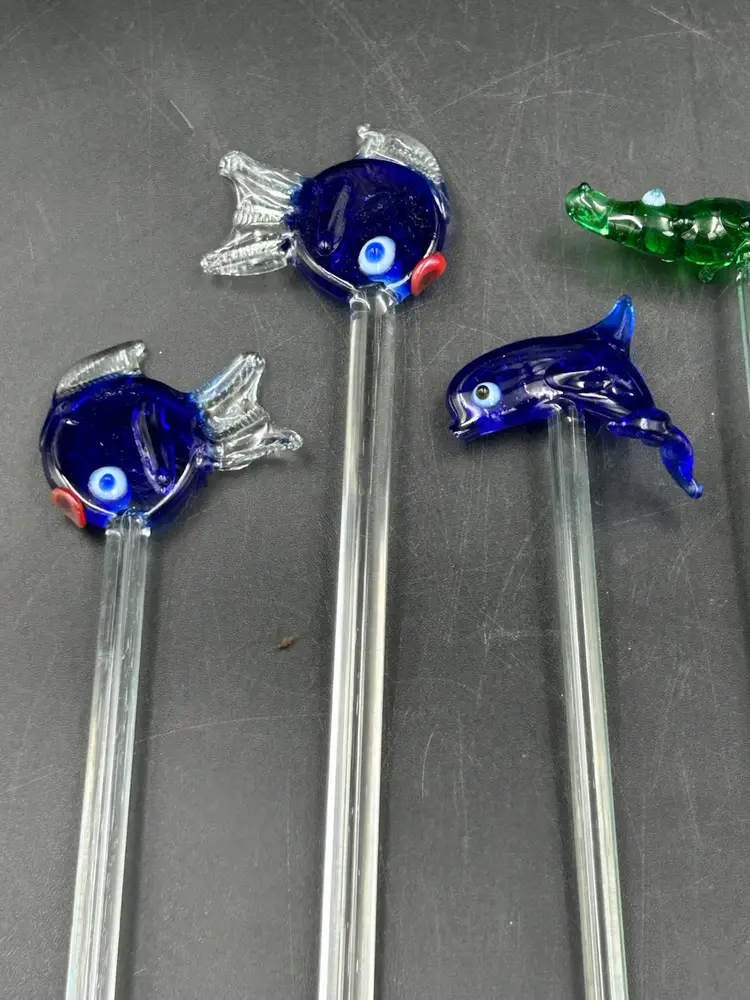 5 Hand Blown Or Glass Swizzle/Stir Sticks, Fish, Dolphin, And Alligators