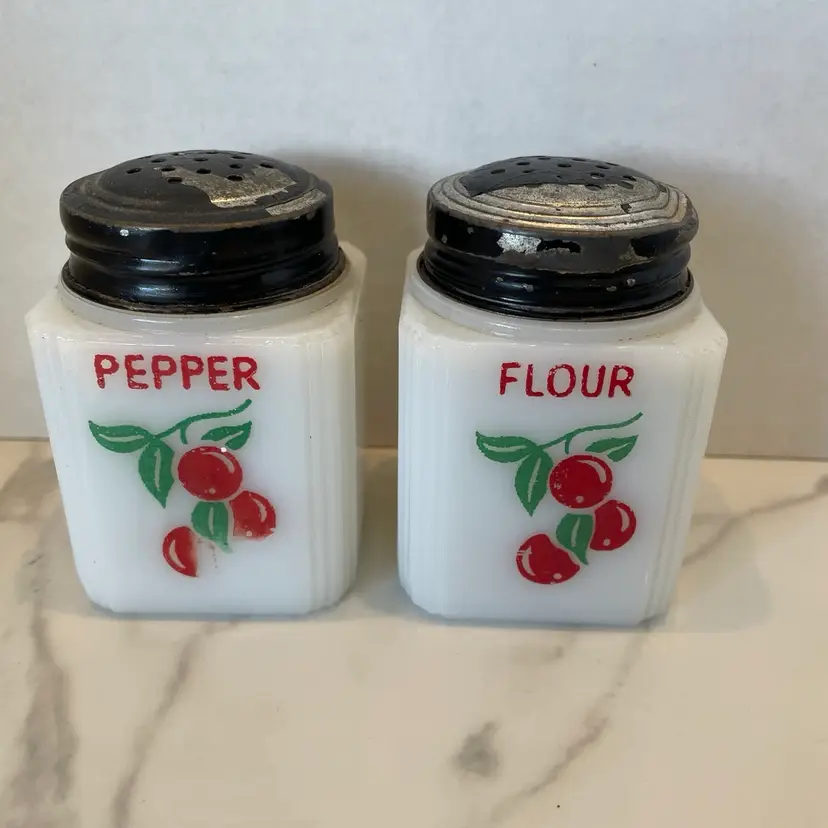 Milk Glass Set Of Two Shakers With Cherries