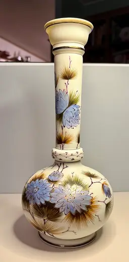 Vintage Bristol Victorian Opaque Hand Painted Glass Vase Blue Flowers 12”