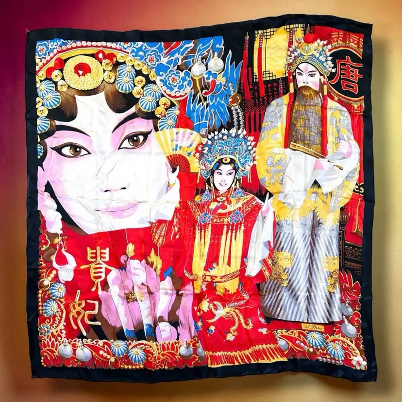 VTG Chinese Silk Scarf Opera Mask Peking Theater Colorful Wrap Hand Rolled Large