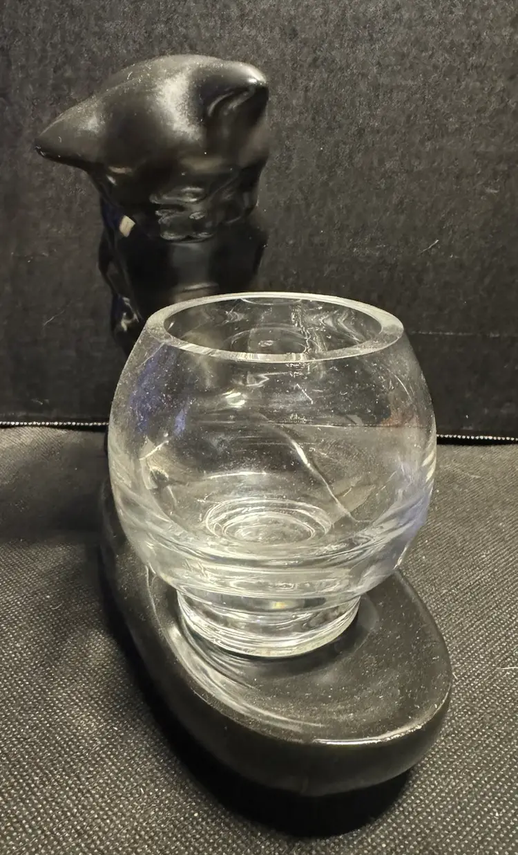 Vintage Haeger Pottery Black Cat Ceramic Sculpture with Glass Fish Bowl 8"