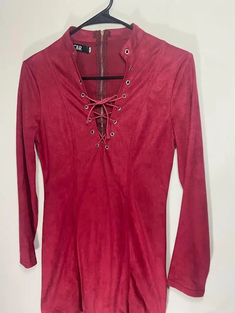 CBR Faux Suede Long Sleeve Lace Up Dress