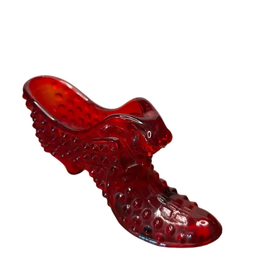 Fenton Ruby Red Cat Head Hobnail Glass Shoe @ 5 1/2x3 Glows