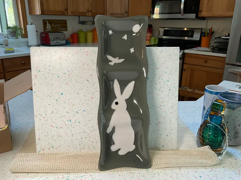 #01 Fused glass white rabbit, birds, and sun on three compartment grey glass dish 15”x5”
