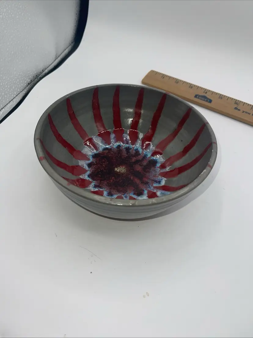 Harding Black 1996 Signed Oxblood & Blue Sunburst Pottery Bowl 7” X 3”