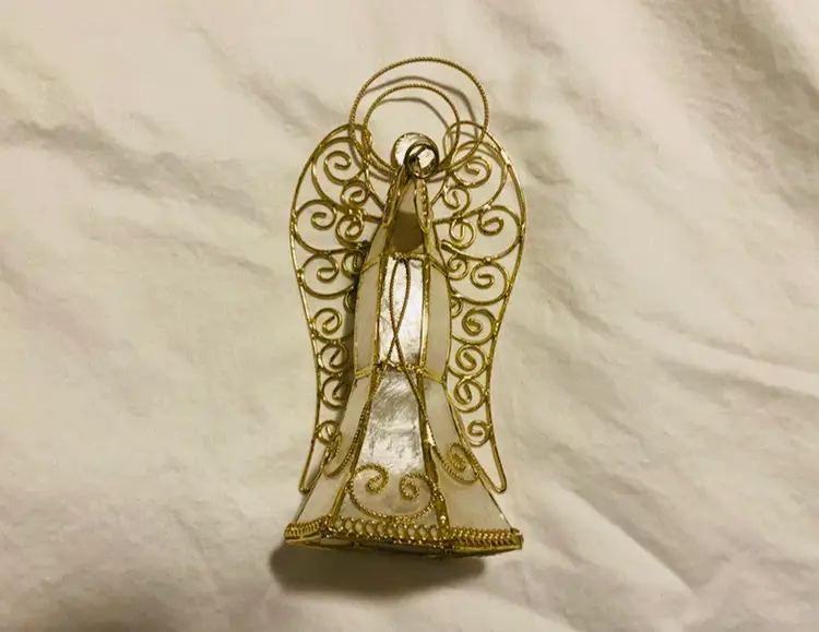 Vintage Iridescent Capiz Shell Metal Angel Tree Topper Table Sitter Retro Christmas Boho Glam Coastal