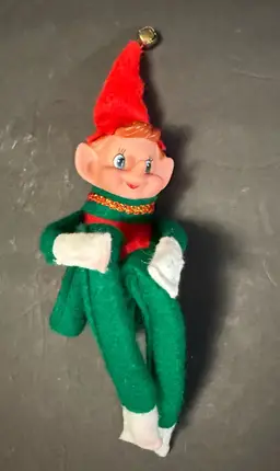 Vintage Knee Hugger Elf Pixie Rubber/Vinyl Face Felt Ornament MCM Green Red