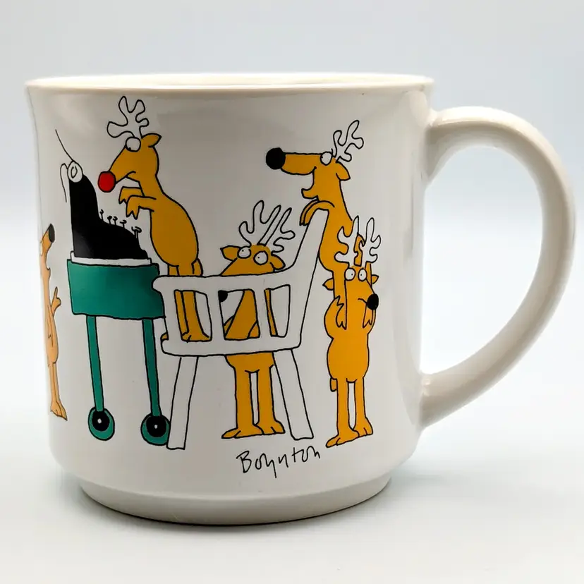 Vtg Sandra Boynton Christmas Typo Reindeer Typing 12 oz Coffee Mug Tea Cup Japan