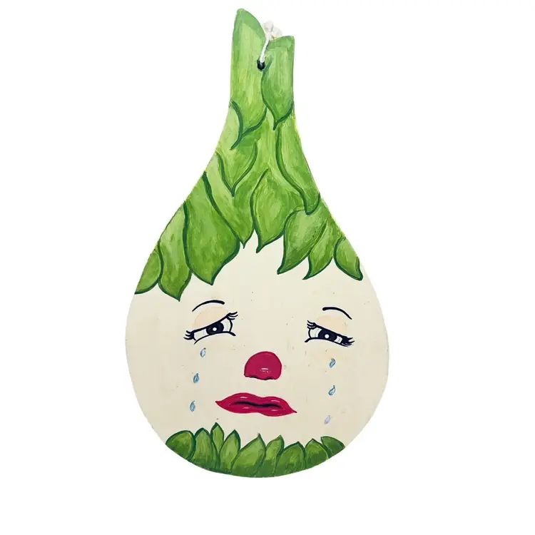 Vintage Wood Anthropomorphic Green Onion Crying Wood Wall Hanging Kitchen Decor