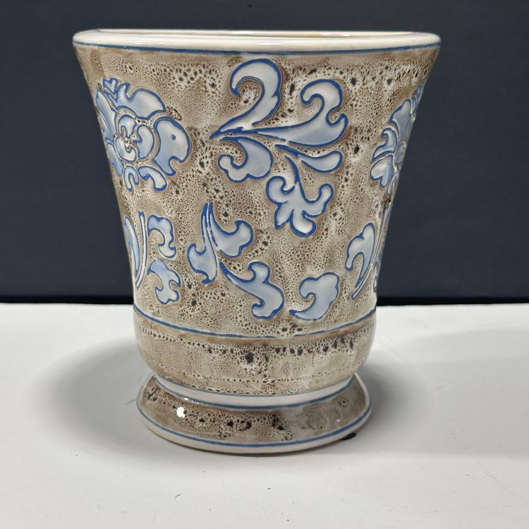 #1460 Raised Relief Blue Leaf Designed Ceramic Vase