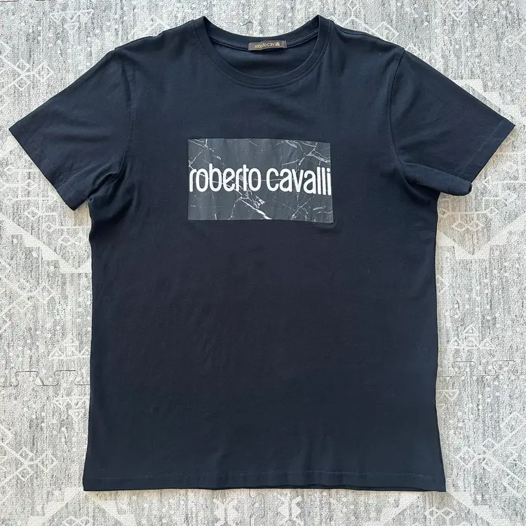 Robert Cavalli Men’s Black Marble Logo Graphic Crewneck Minimalist T- Shirt Sz L