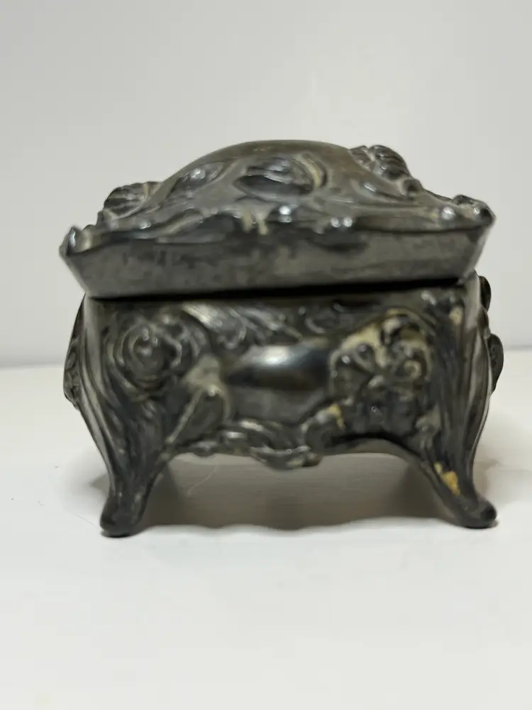 Antique Silver Tone Small Jewelry Trinket Box Casket Hinged Lid Footed
