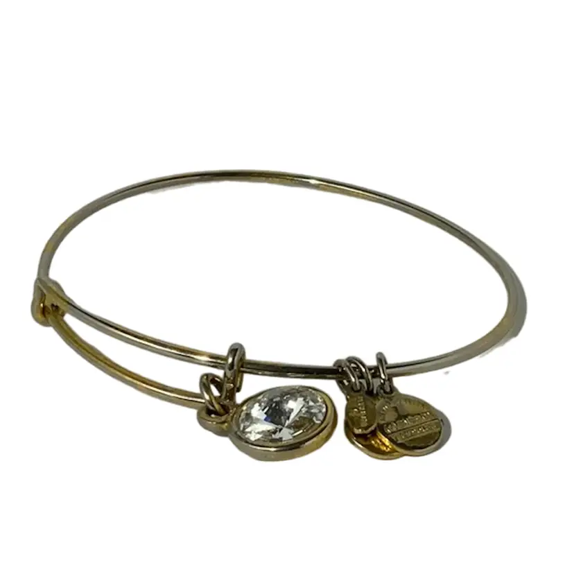 Sparkly Shinny  Vintage 8 1/2 inch Round Double Loop Alex and Ani Gemstone Bracelets Gold Tone With White Gemstone Charm Jewelry Bangle Or Bracelet 