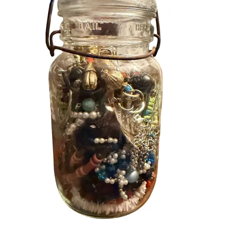 Vintage Atlas E-z Seal Jar Filled W/Costume Jewelry  Necklaces, Rings, Bracelets