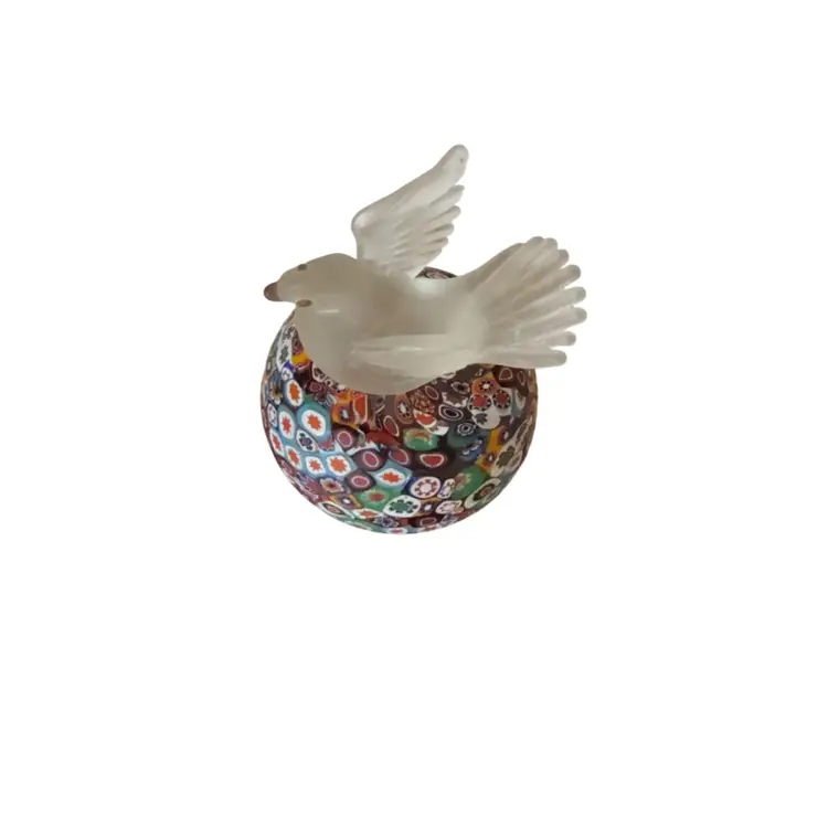 Murano Italian Art Glass Vintage Millefiore Dove On Stretched Canes Acid Washed Satin Glass Paperweight Base - GORGEOUS! 4” Original Sticker On Base