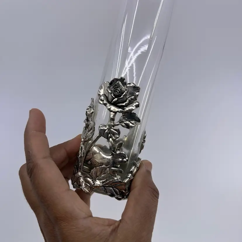 Vintage Arthur Court Rabbit Bunny & Lillies Metal Glass Bud Vase 7.5”