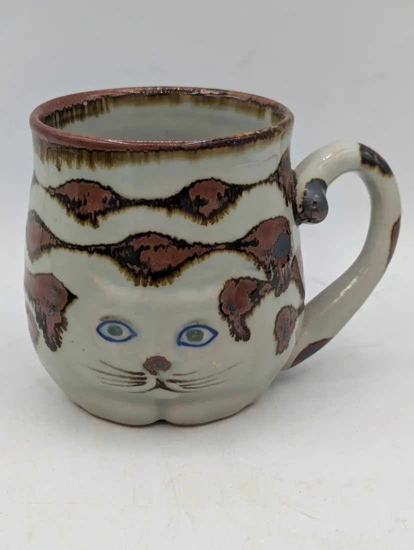 Vintage Takahashi Cat Mug with Tail Handle Grey, Brown, Blue Pottery