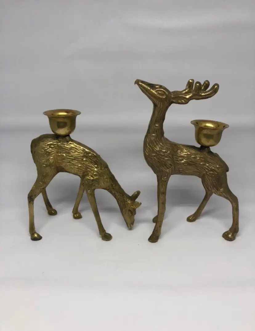 Vintage Set of 2 Brass Deer Candle Holders Doe & Buck